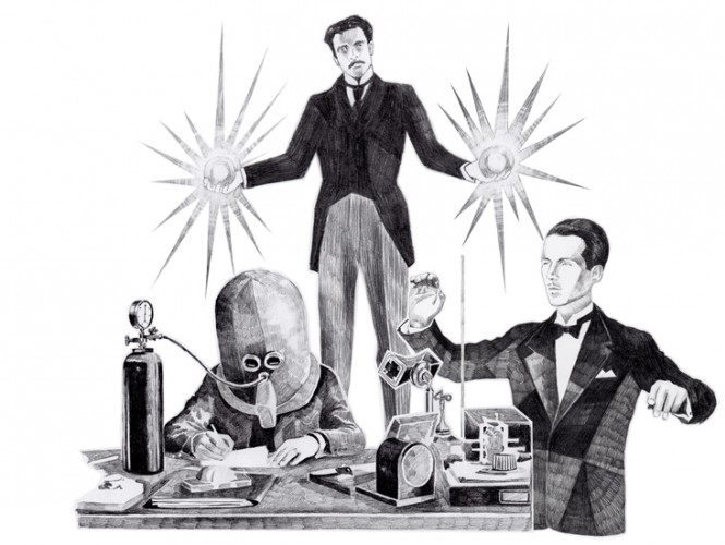 Dessin de Hugo Gernsback, Nikola Tesla, Leon Theremine